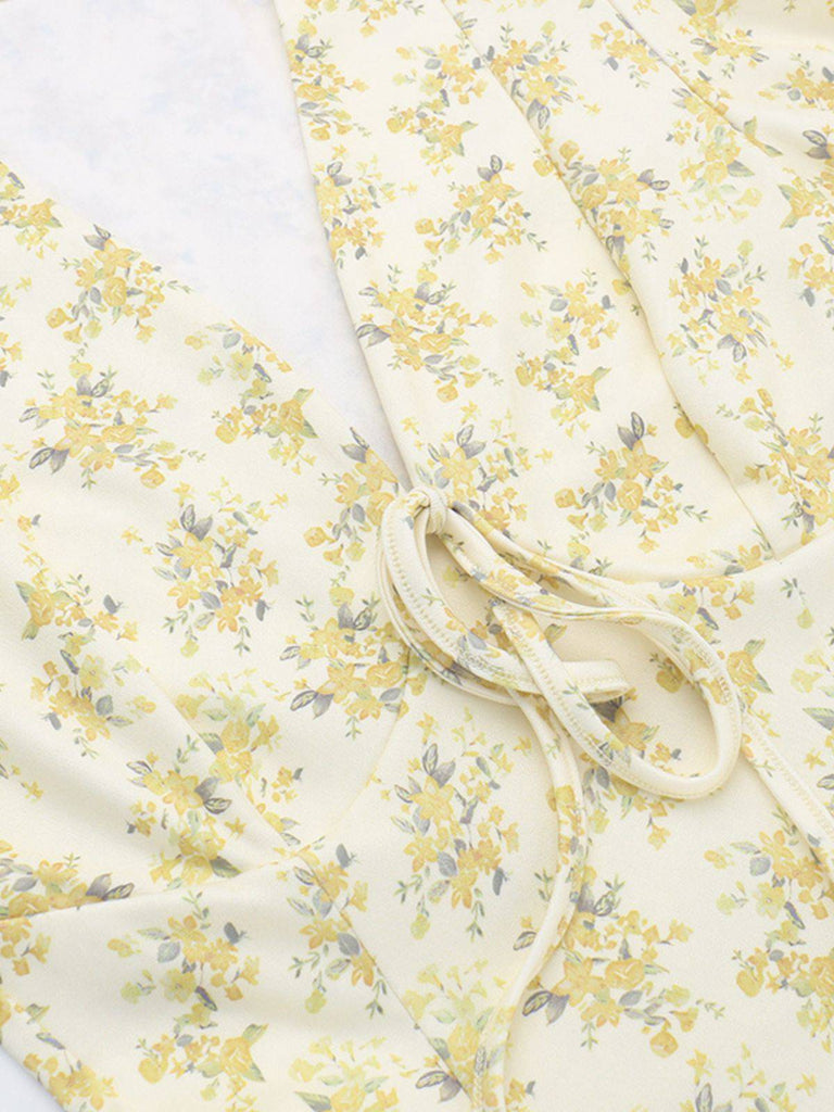 Yellow 1960s Floral Puff Sleeves V-Neck Dress