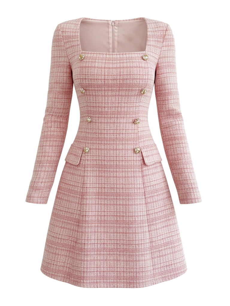 Pink 1960s Plaid Tweed Buttoned Square Neck Dress