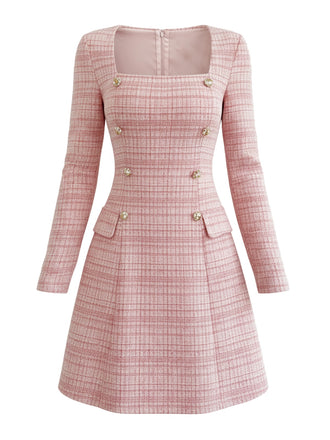 Pink 1960s Plaid Tweed Buttoned Square Neck Dress