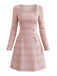 Pink 1960s Plaid Tweed Buttoned Square Neck Dress
