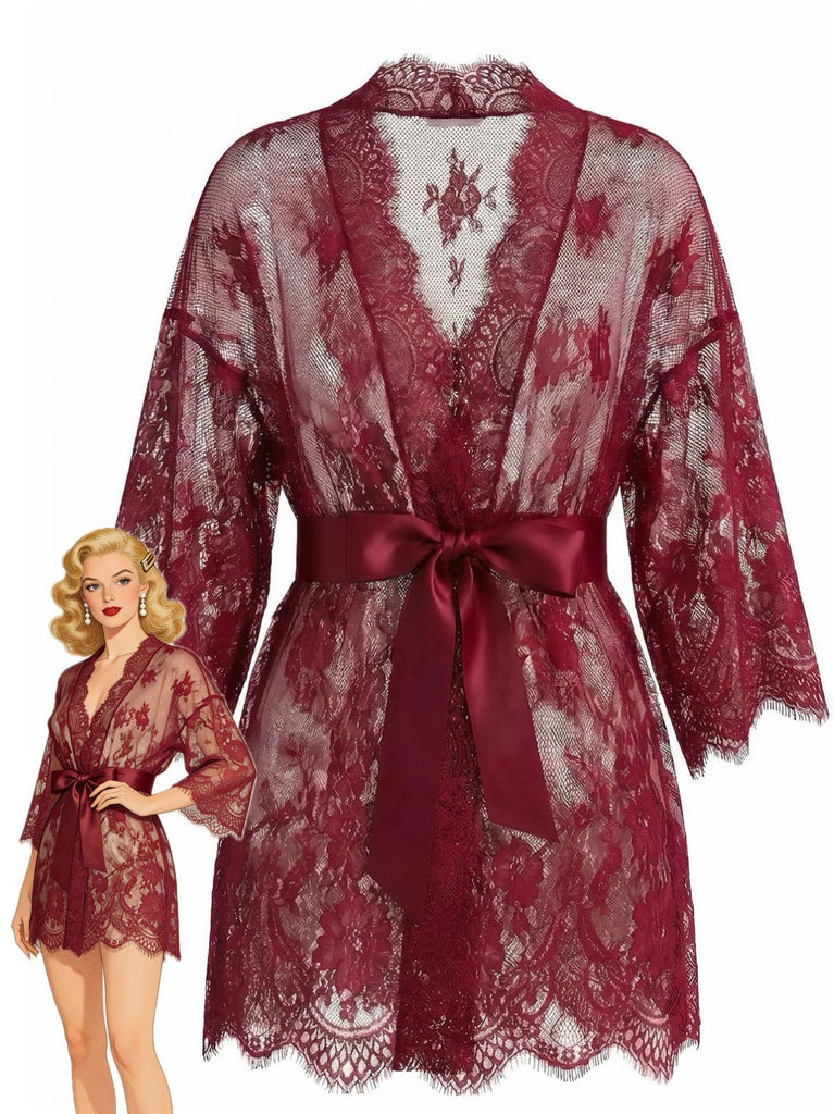 1960s Sexy Solid Lace Sheer Tie Loungewear