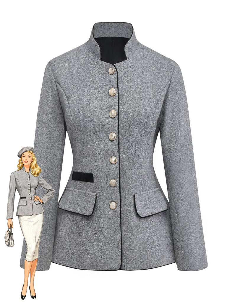 Grey 1940s Faux-Wool Stand Collar Buttons Jacket