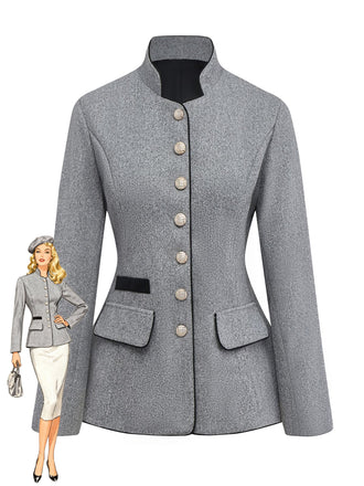 Grey 1940s Faux-Wool Stand Collar Buttons Jacket
