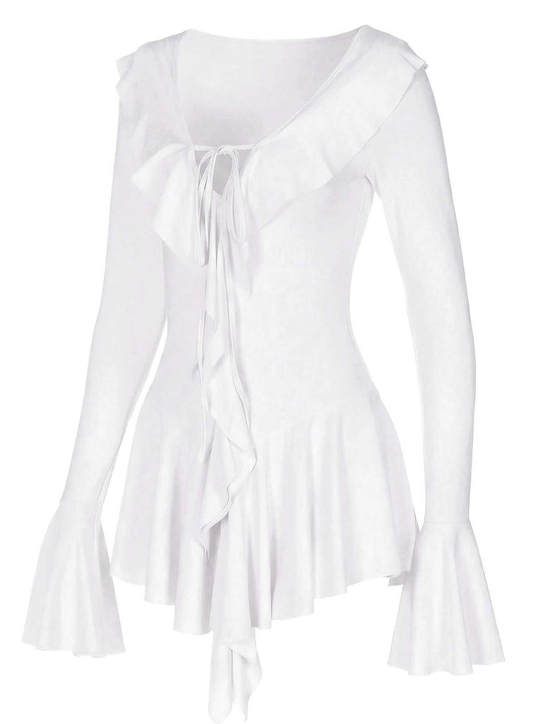 Pink 1960s V-Neck Ruffle Flared Sleeve Dress