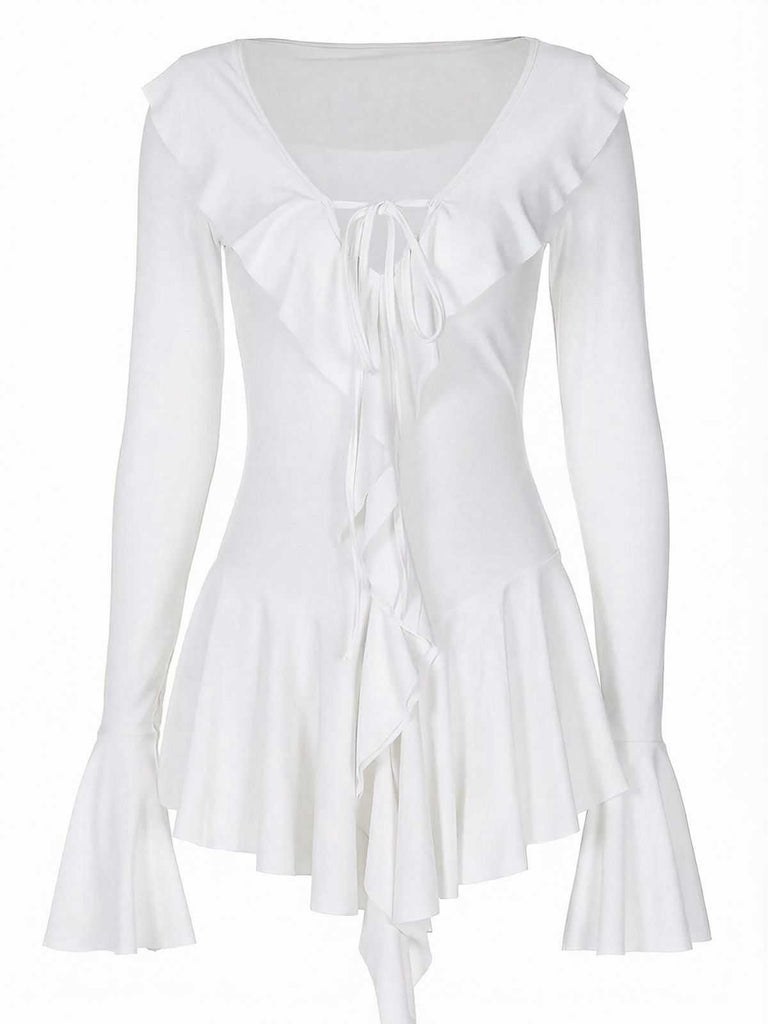 Pink 1960s V-Neck Ruffle Flared Sleeve Dress