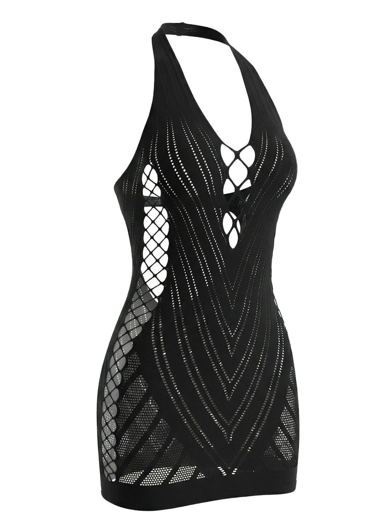1960s Halter Fishnet Cutout Bodycon Mini Lingerie Dress