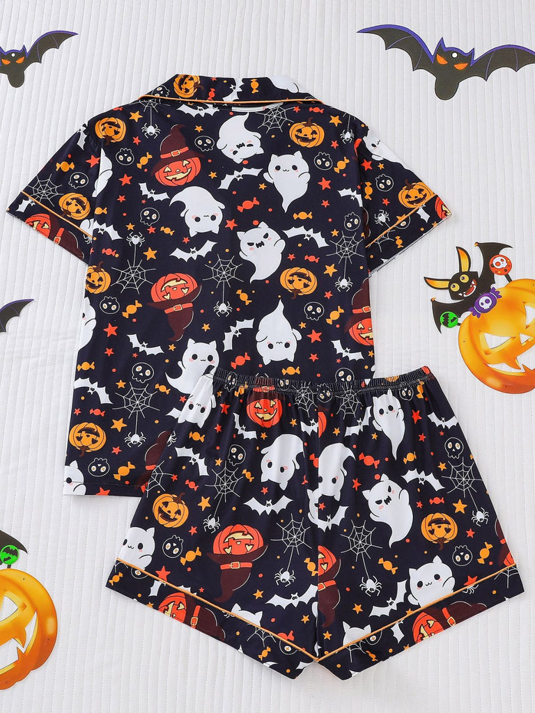 Black 1950s Halloween Print Notched Collar Pajama Set