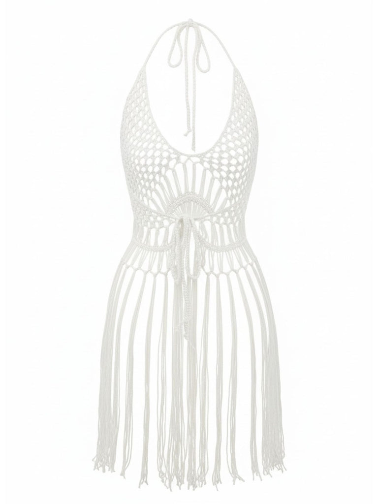 1960s Crochet Fringe Cutout Halter Bikini Cover-Up