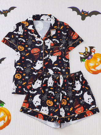 Black 1950s Halloween Print Notched Collar Pajama Set