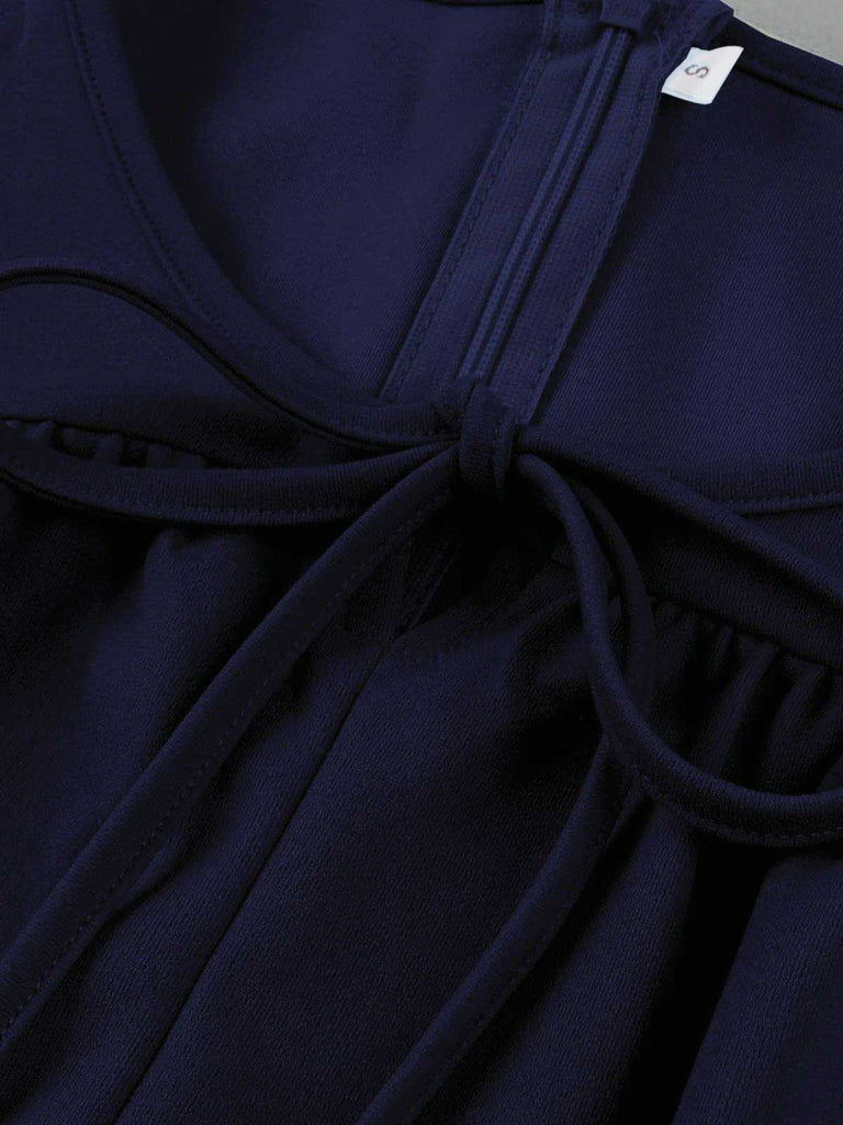 1940s Round Neck Bow Solid Tiered Dress