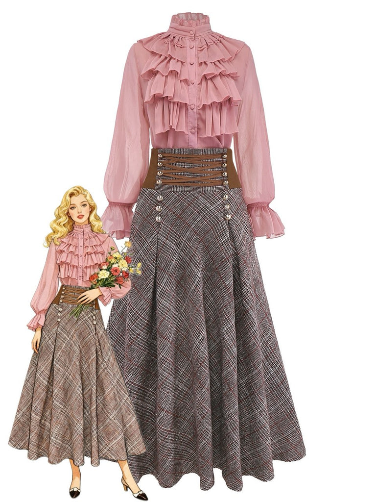 2PCS 1980s Chiffon Ruffled High-Neck Blouse &  Lace-Up Plaid Skirt