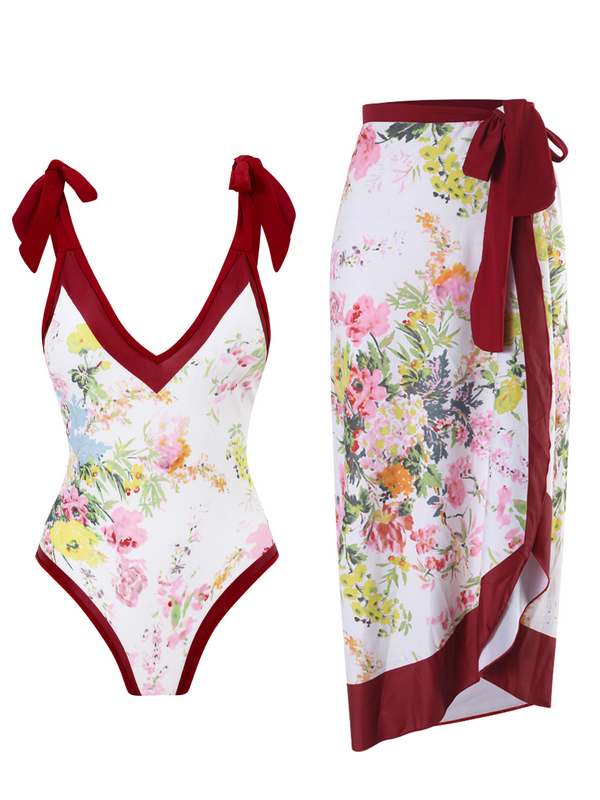 Retro Stage Tie-Shoulder Floral One Piece Swimsuit and Skirt