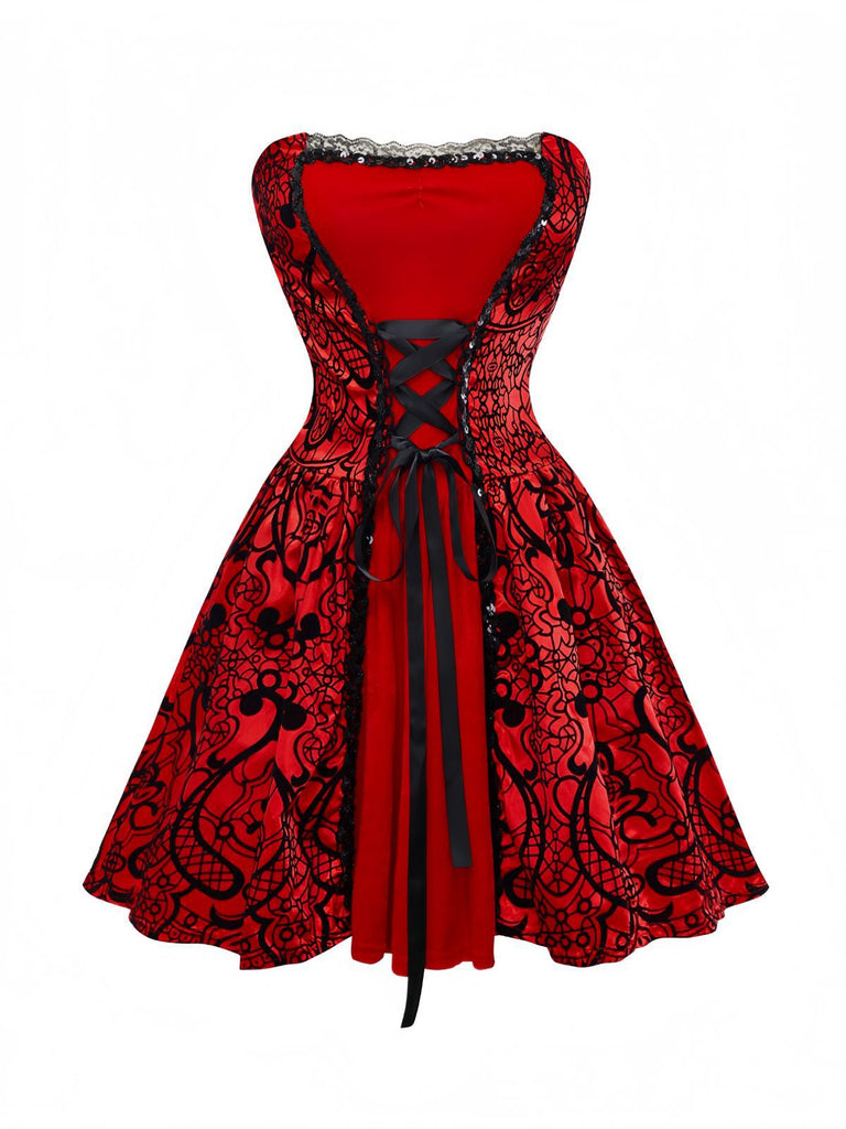 Red 1980s Velvet Lace Sequined Strapless Dress & Cape
