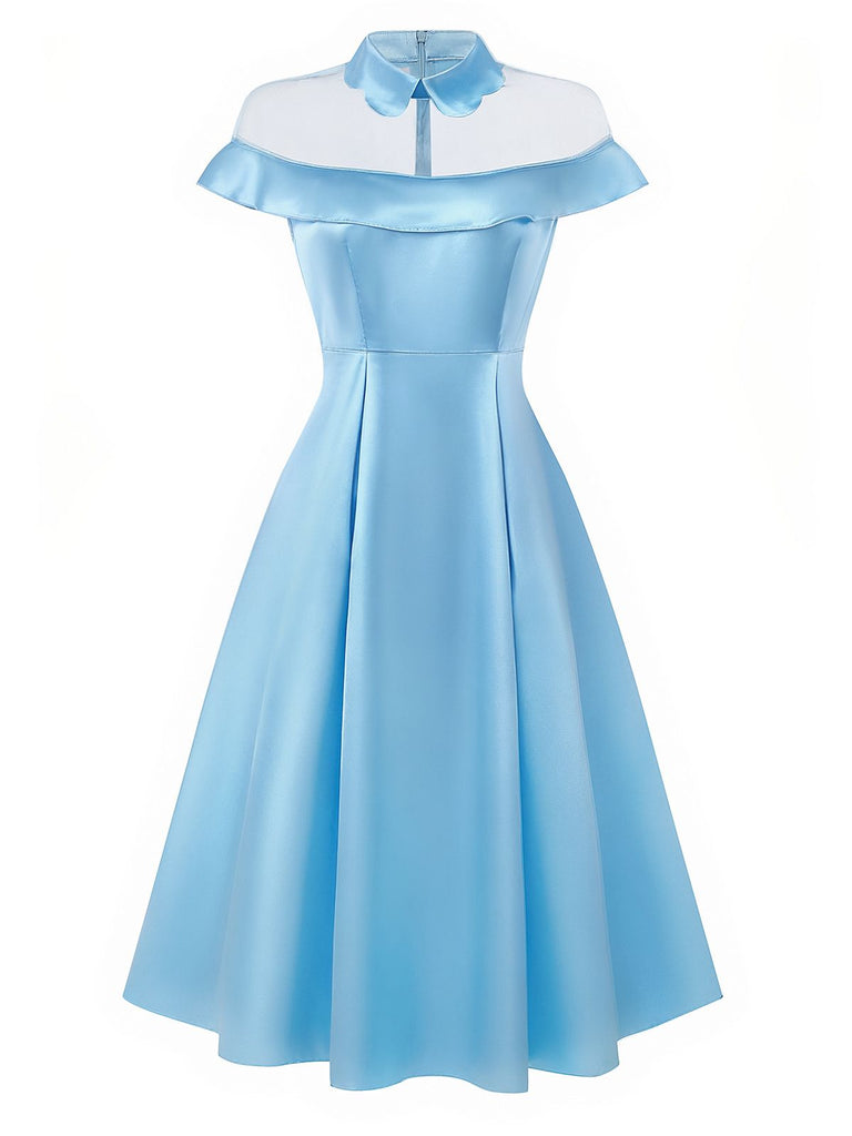 Blue 1940s Satin Mesh Panel Peter Pan Collar Dress