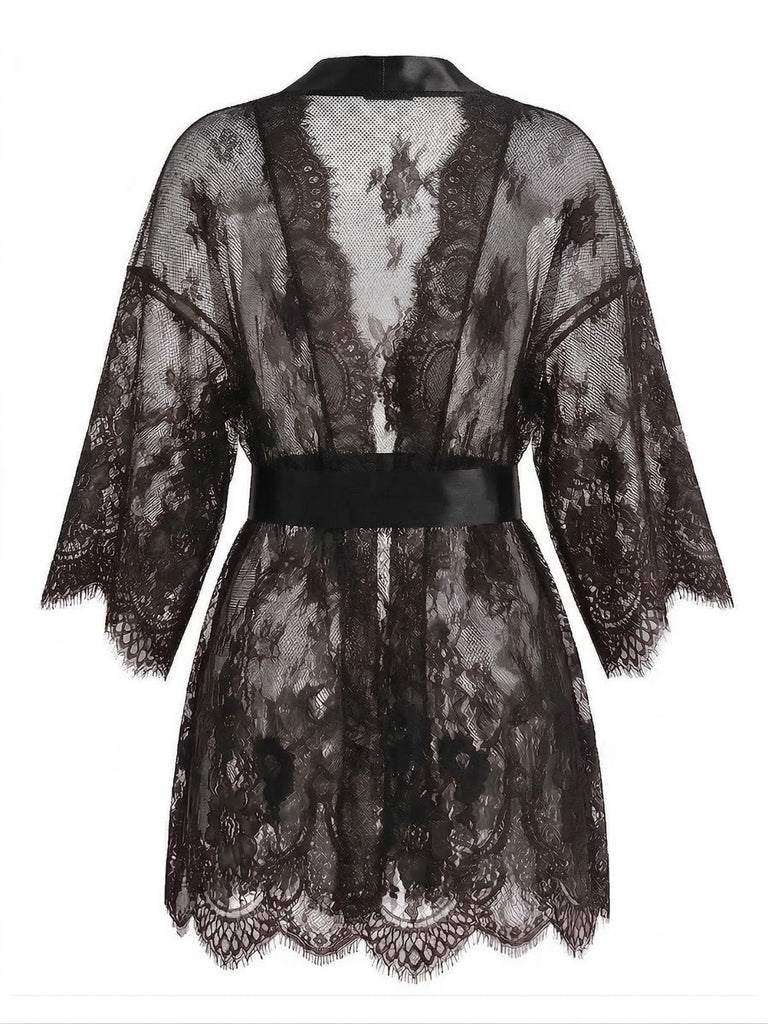 1960s Sexy Solid Lace Sheer Tie Loungewear