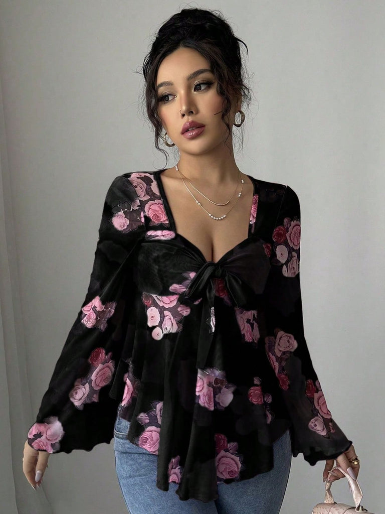 1930s Floral V-Neck Flare Chiffon Blouse