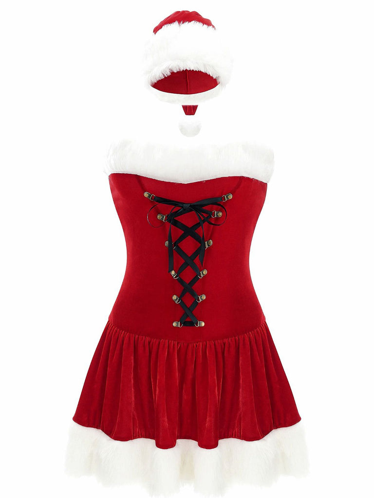 Red 1970s Christmas Plush Lace-Up Strapless Santa Dress