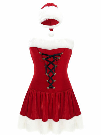 Red 1970s Christmas Plush Lace-Up Strapless Santa Dress