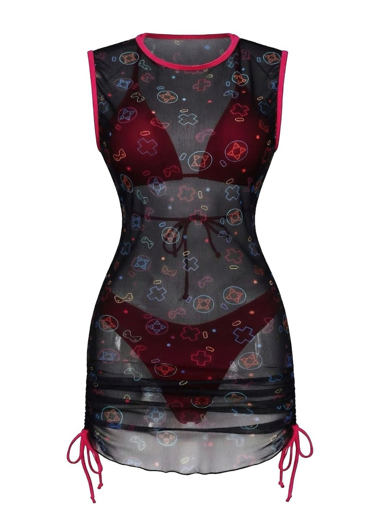 3PCS Y2K Solid Bikini Set & Neon Gaming Print Mesh Cover-Up