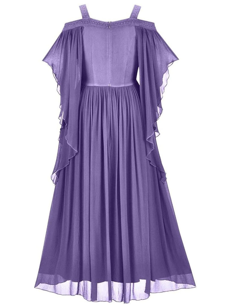1950s Solid Velvet Mesh Cold Shoulder Dress