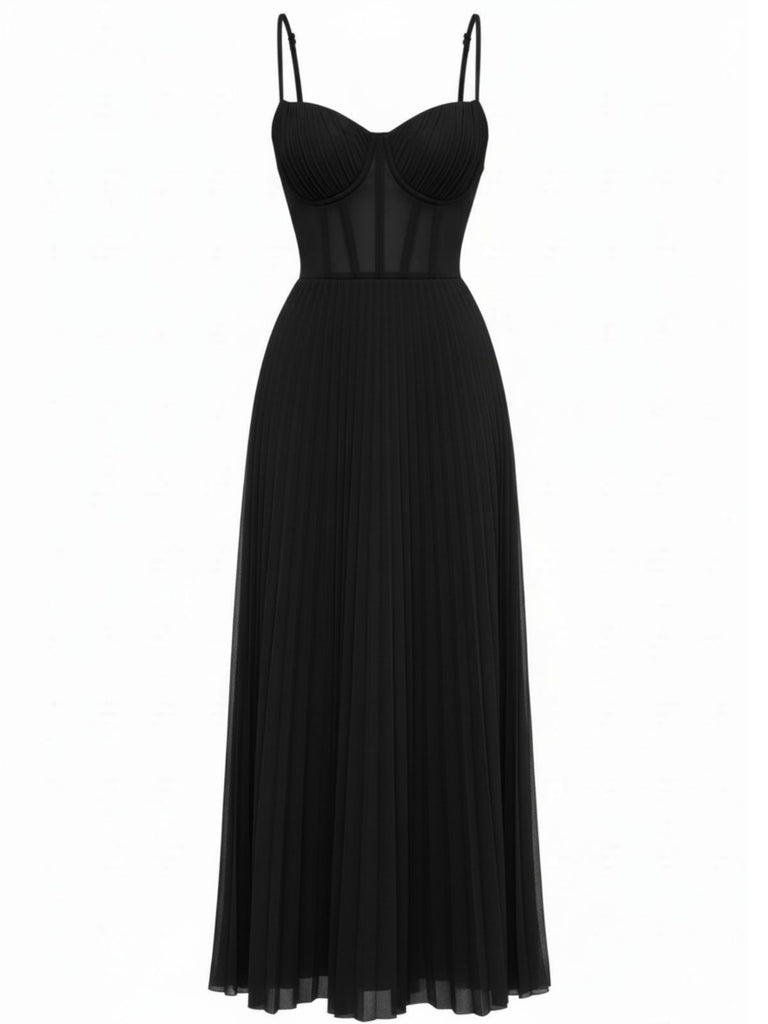1930s Solid Pleated Strappy Evening Dress