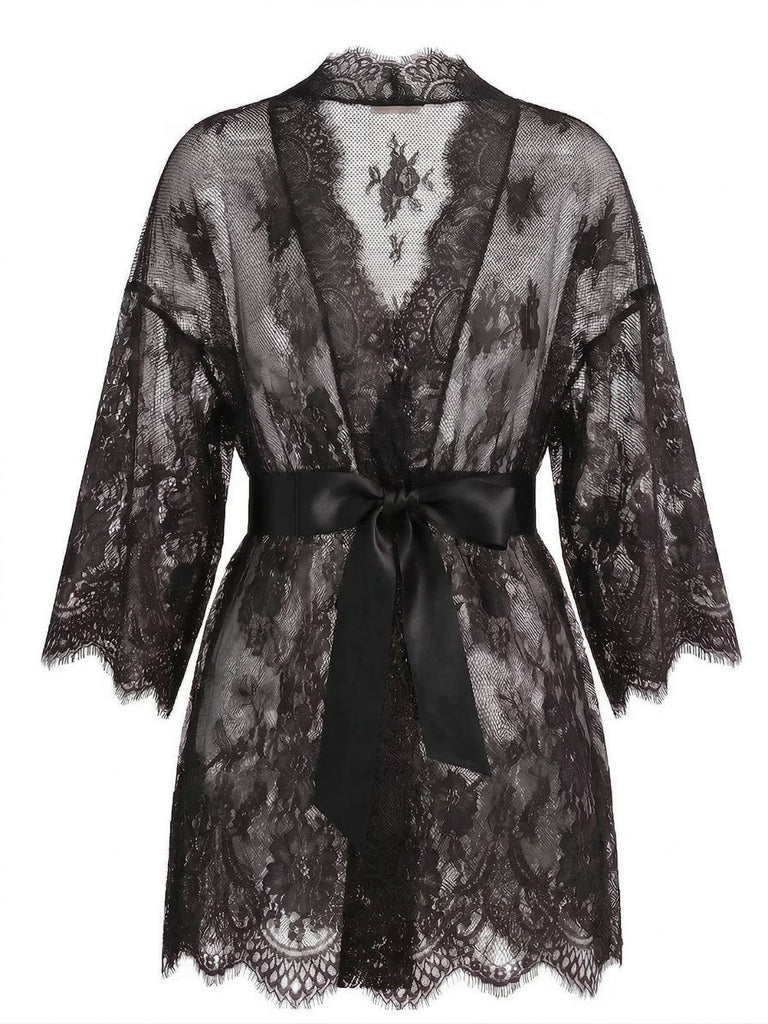 1960s Sexy Solid Lace Sheer Tie Loungewear