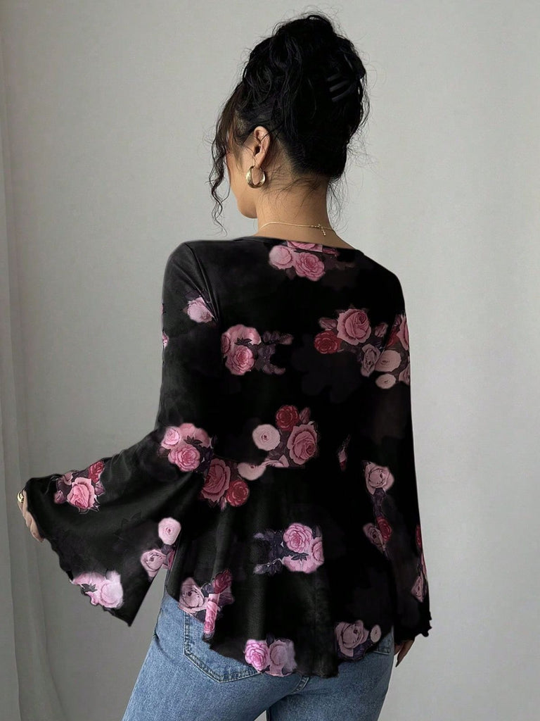 1930s Floral V-Neck Flare Chiffon Blouse