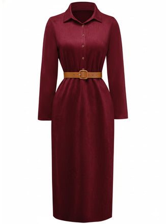 1930s Suede Button-Front Belted Shirt Dress