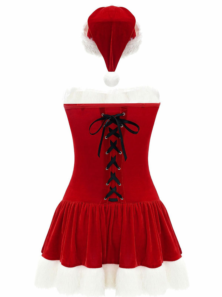 Red 1970s Christmas Plush Lace-Up Strapless Santa Dress