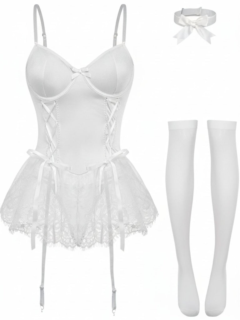 1960s Lace Trimmed Corset Bodysuit Set