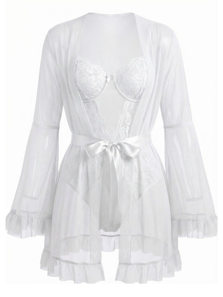 Red 1960s Solid Sheer Lace Patchwork Sleepwear Set