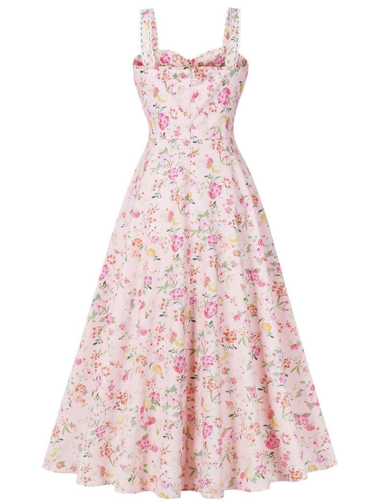1940s Floral Lace-Up Wide Strap Dress