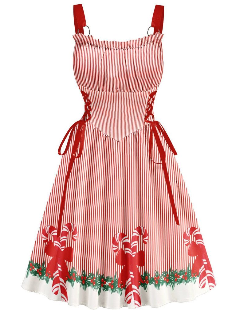 Red 1950s Christmas Candy Cane Striped Lace-Up Holiday Dress