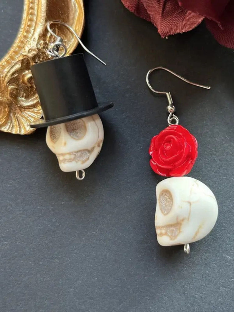 Vintage Skull Rose Halloween Earrings