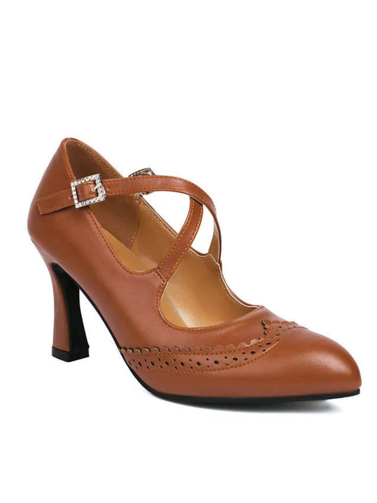 Vintage Crossed Straps Brogue Detail High Heel Shoes