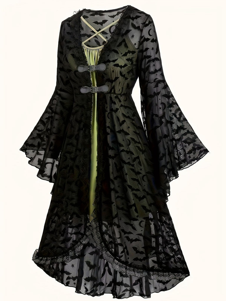 [Plus Size] 2PCS Black 1940s Bat Mesh Outwear & Green Dress