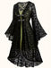[Plus Size] 2PCS Black 1940s Bat Mesh Outwear & Green Dress