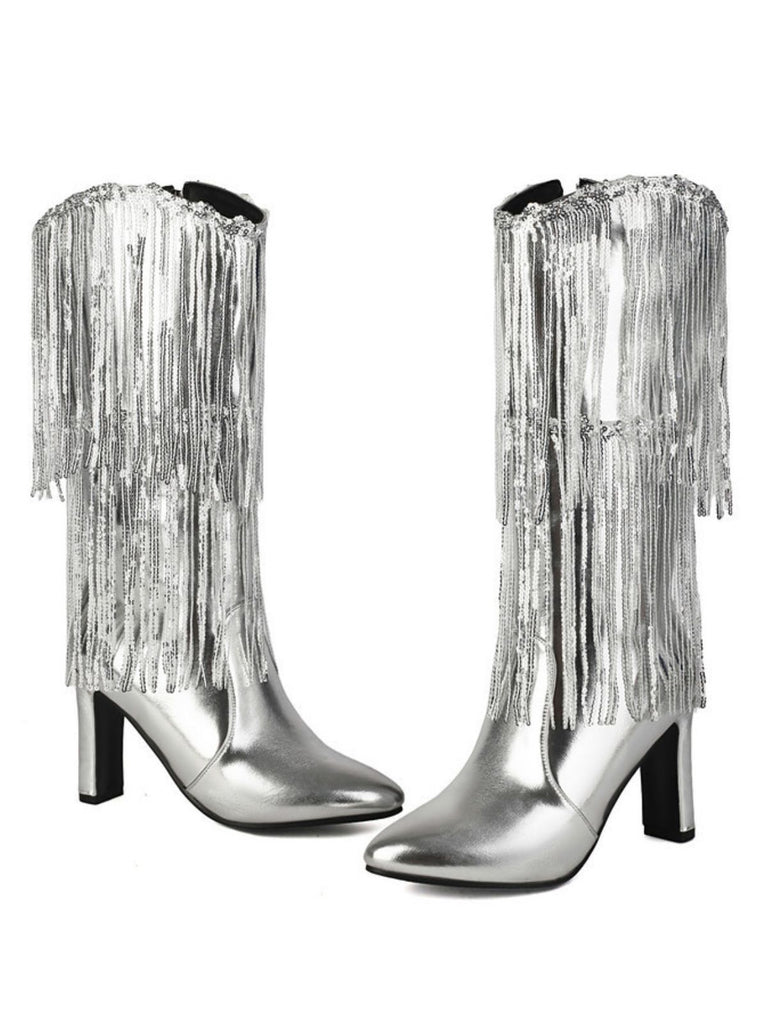 Metallic Pointed-Toe Fringed Disco Ankle Boots