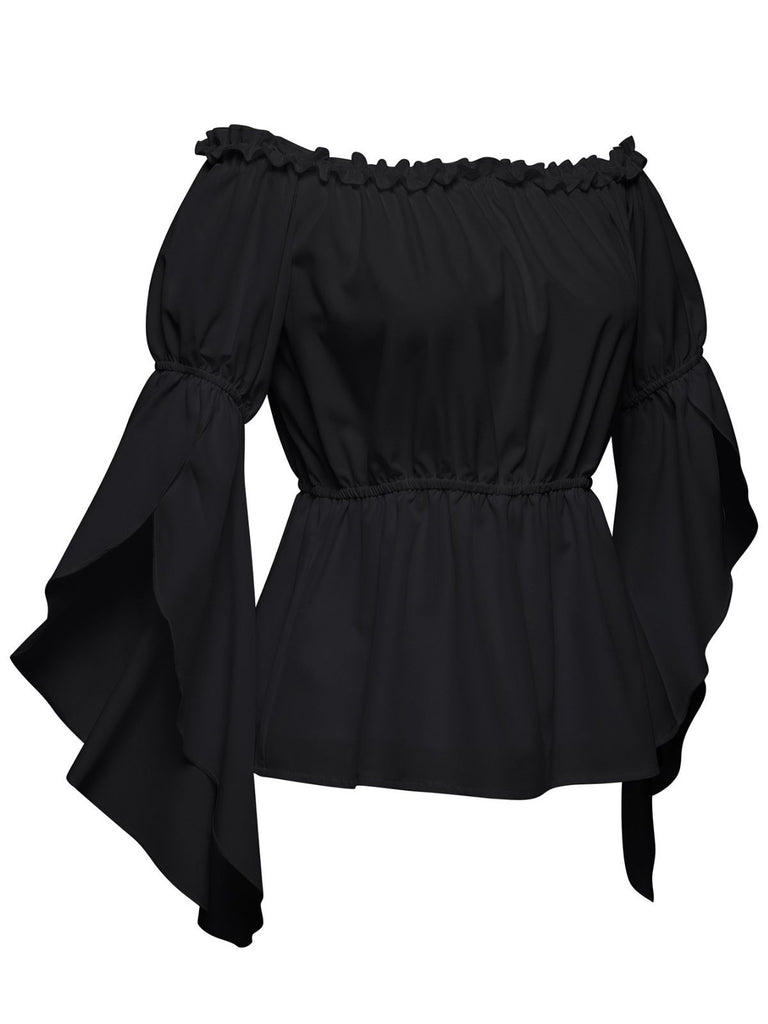 1930s Ruffled Bell Sleeve Off-Shoulder Solid Top