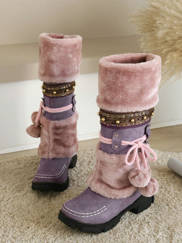 Vintage Faux Fur Pom-Pom Winter Snow Boots