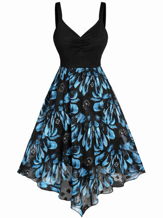 [Plus Size] Dark Blue 1950s Feather Jacquard Asymmetric Dress