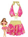 Pink 1960s Floral Print Tie-Front Layered Bikini Set