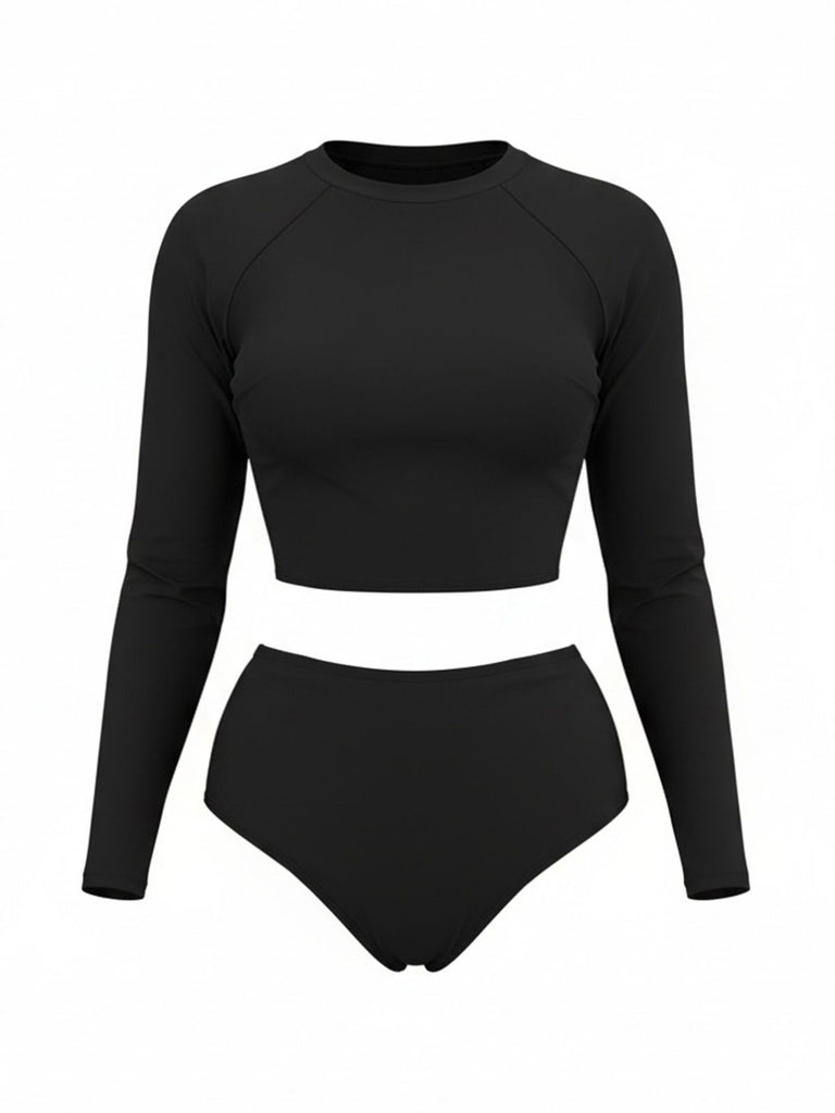 [Plus Size] Black 1980s Solid Long Sleeve High Waist Swimsuit Set