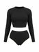 [Plus Size] Black 1980s Solid Long Sleeve High Waist Swimsuit Set