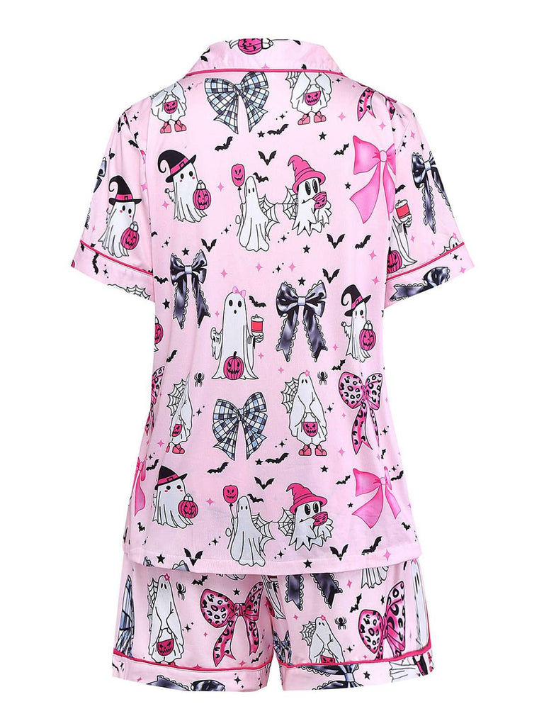 Dark Pink 1970s Halloween Boo Print Pajama Set