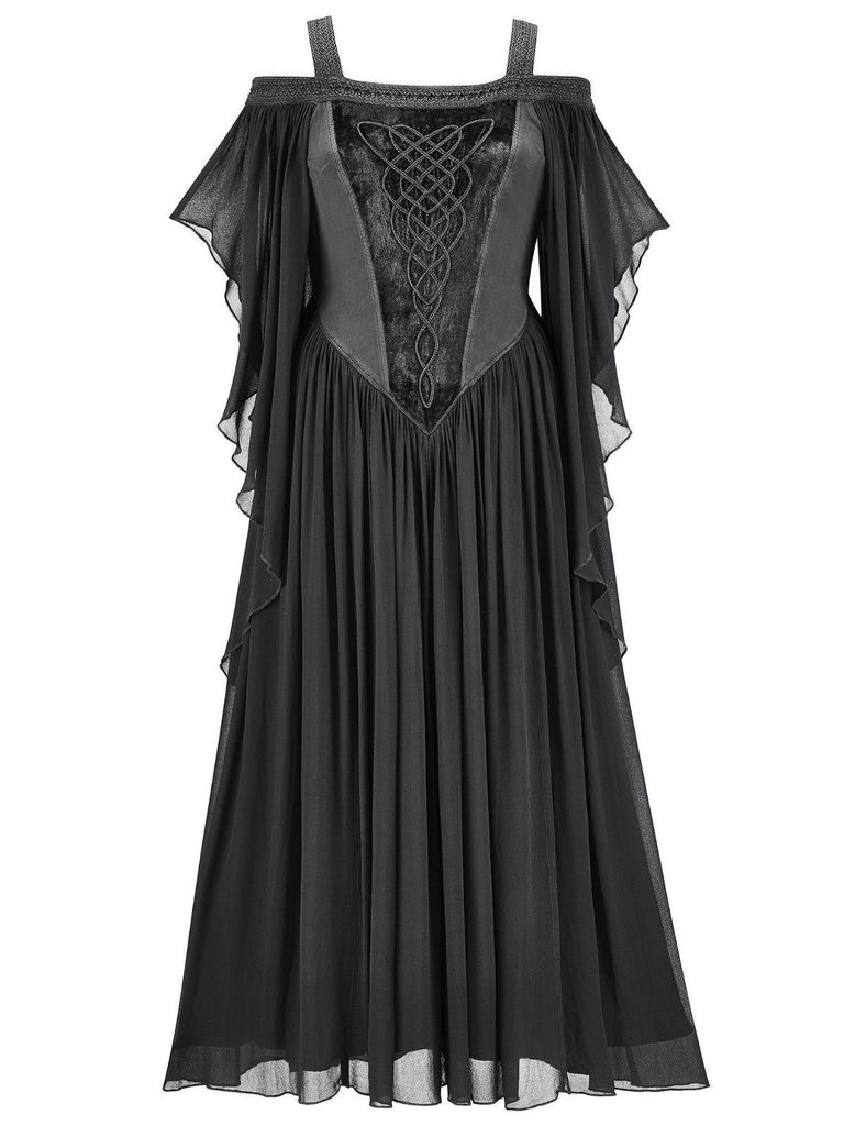 1950s Solid Velvet Mesh Cold Shoulder Dress