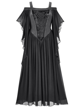 1950s Solid Velvet Mesh Cold Shoulder Dress