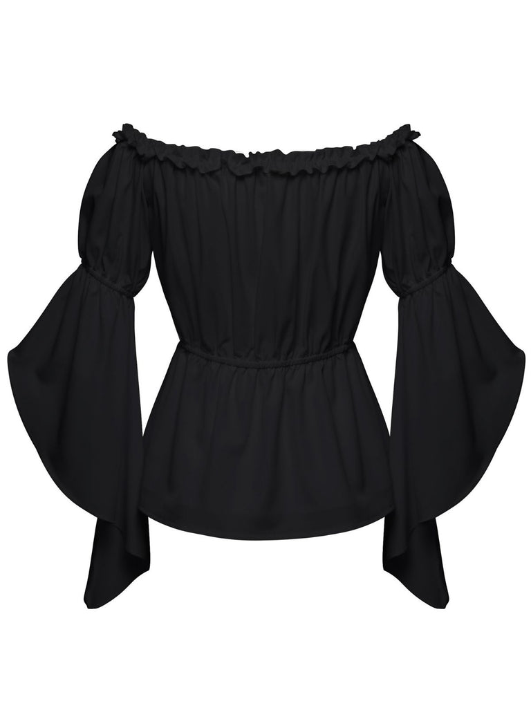 1930s Ruffled Bell Sleeve Off-Shoulder Solid Top