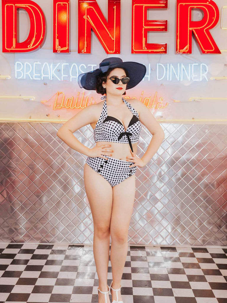 Black Checked Halter Bowknot Bikini Set