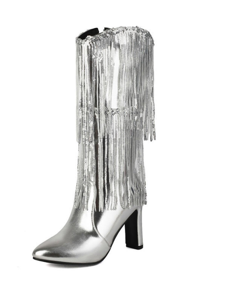 Metallic Pointed-Toe Fringed Disco Ankle Boots